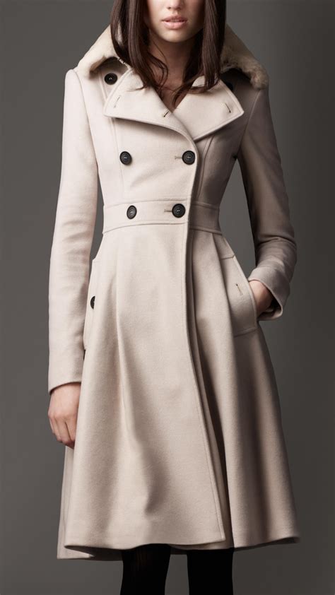 burberry fur collar full skirt coat in cream|burberry check wool coats.